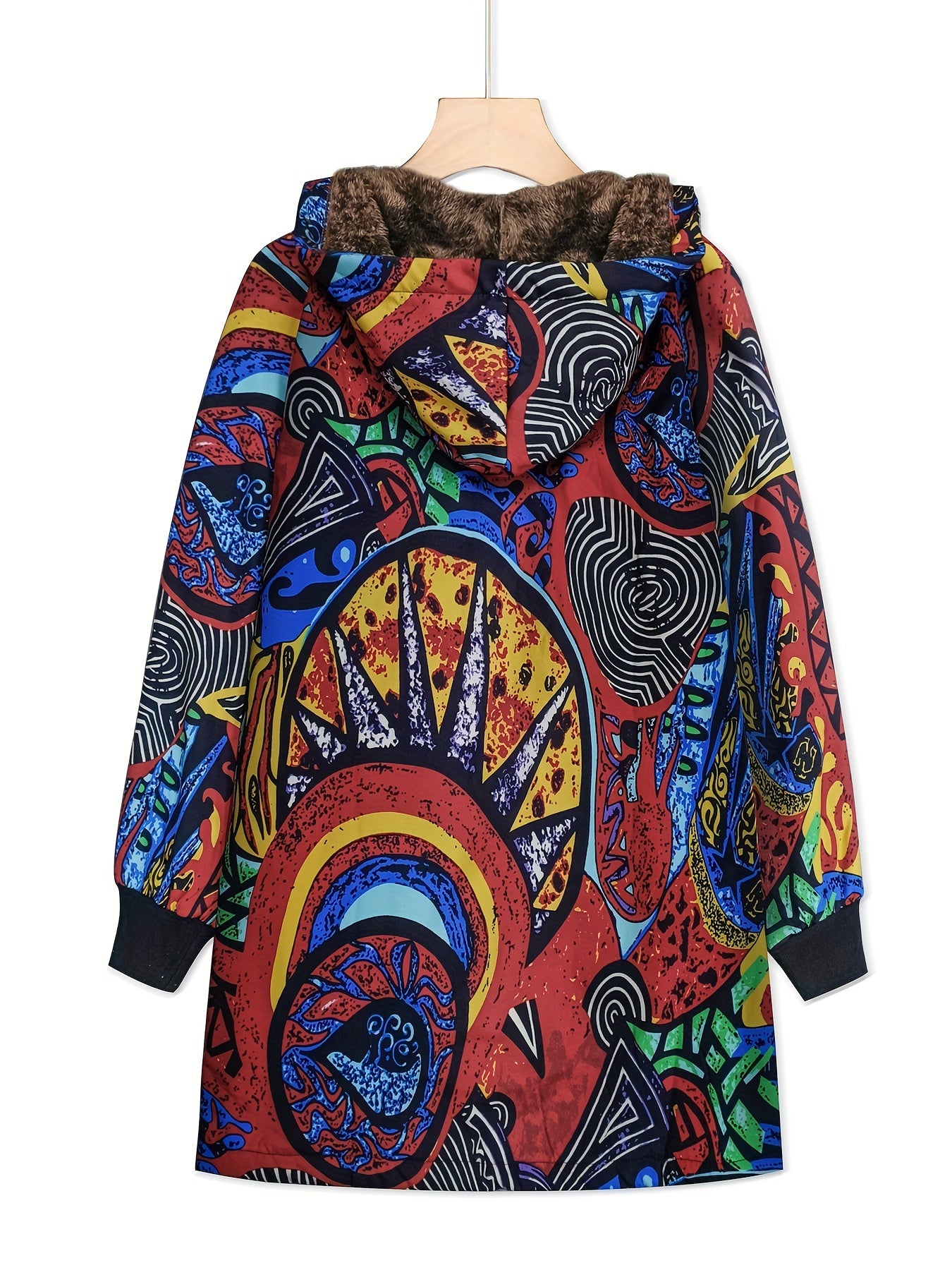 Abstract Print Hooded Coat Open Front Long Sleeve Outerwear