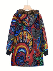 Abstract Print Hooded Coat Open Front Long Sleeve Outerwear