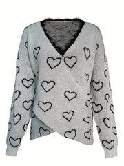 Heart Pattern V Neck Pullover Sweater for Fall & Winter