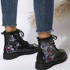 Women's Printed Chunky Heel Lace Up Short Boots Halloween Boots