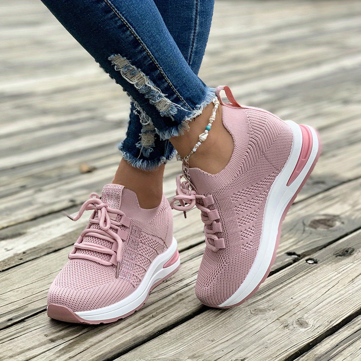 Women's Mesh Sneakers Lace Up Low Round Toe Heightening Breathable Shoes