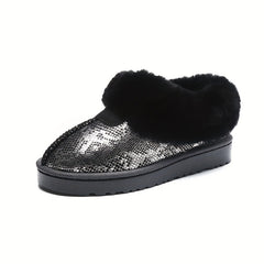 Women's Snakeskin Short Boots Slip-On Plush Lined Winter Boots