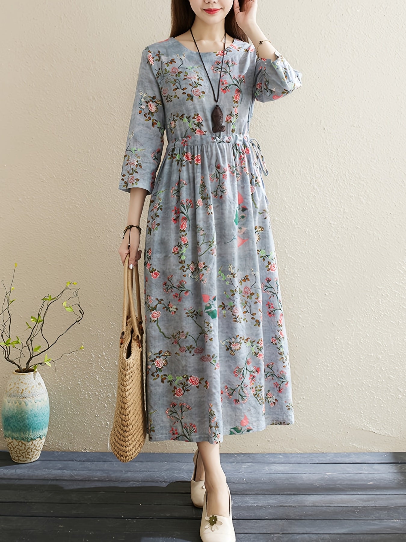 Vintage Floral Print Dress Crew Neck 3 4 Sleeve Dress Women's Clothing