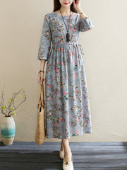 Vintage Floral Print Dress Crew Neck 3 4 Sleeve Dress Women's Clothing