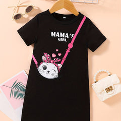 Toddler Girls Cat Messenger Bag Graphic Crew Neck Casual T shirt Dress