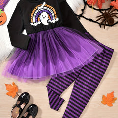 Girl's Ghost Halloween Costume Dress & Plaid Leggings Set