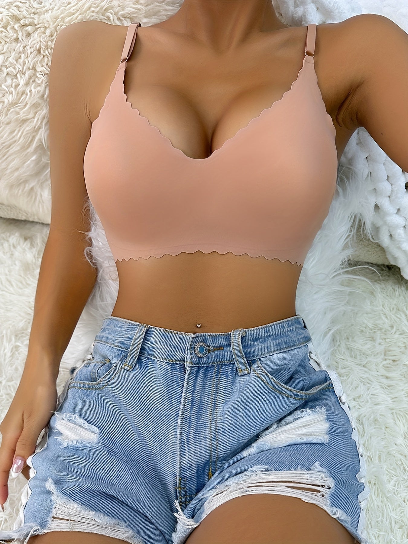 Plus Size Bra Women's Plus Solid Seamless Comfort Wireless Wave Trim