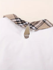 2pcs Baby Girls' Bear Graphic Collared T Shirt & Bow Plaid Skirt Set