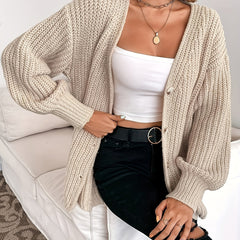 Solid V Neck Button Up Cardigan Long Sleeve Sweater Women's Clothing