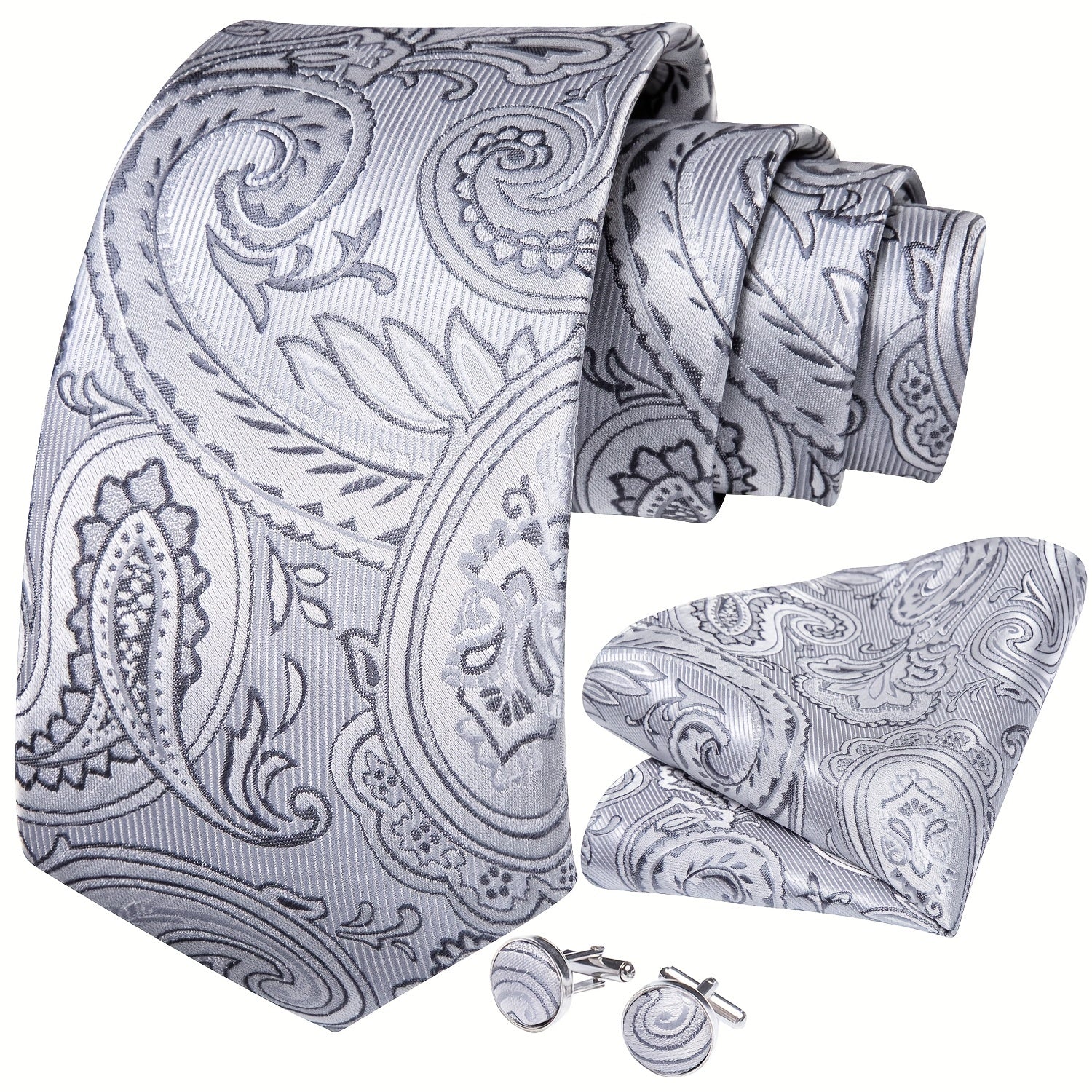 Grey Tie Set Necktie Handkerchief Cufflinks for Party Gift