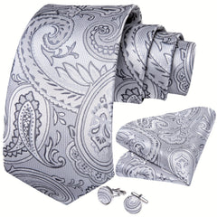 Grey Tie Set Necktie Handkerchief Cufflinks for Party Gift