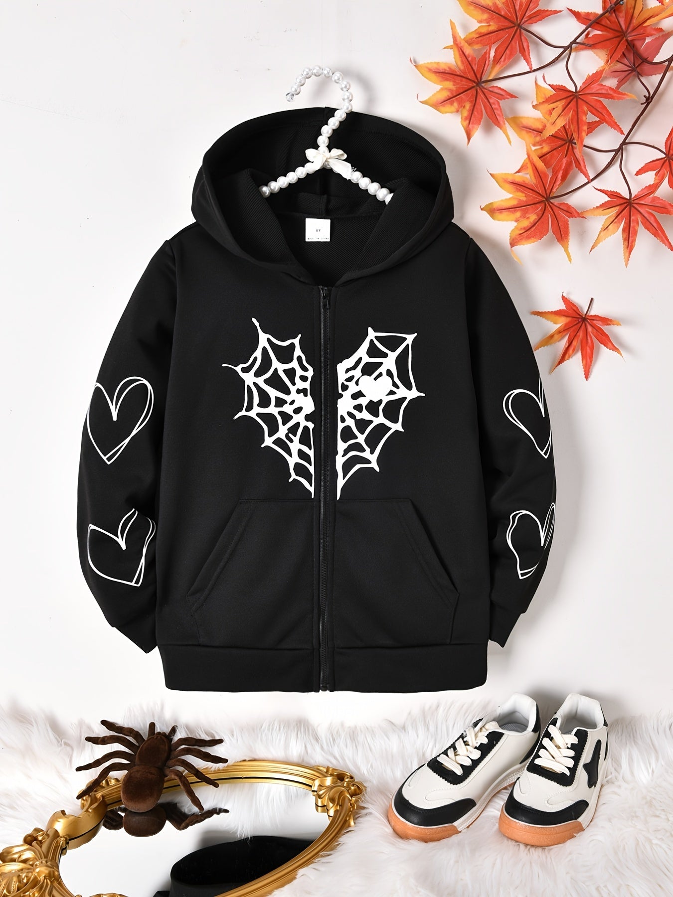 Girls Spider Web Heart Print Hoodie Jacket