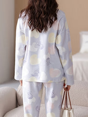Heart Print Pajama Set Long Sleeve Crew Neck Top & Elastic Waistband Pants