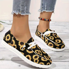 Women's Flower & Cow Pattern Canvas Loafers Lightweight Slip on Shoes