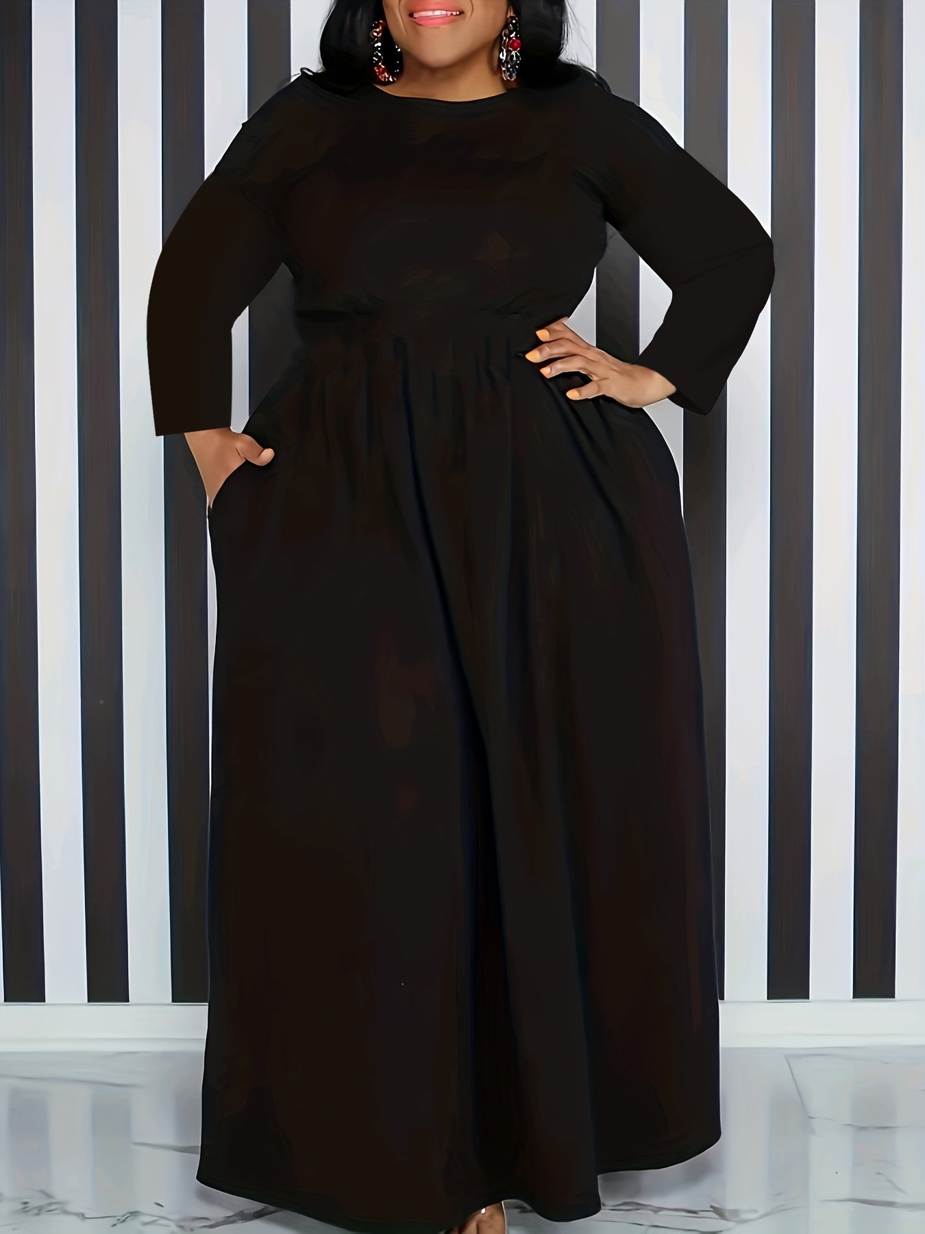 Dress Women's Plus Solid Long Sleeve Round Neck Maxi Dress