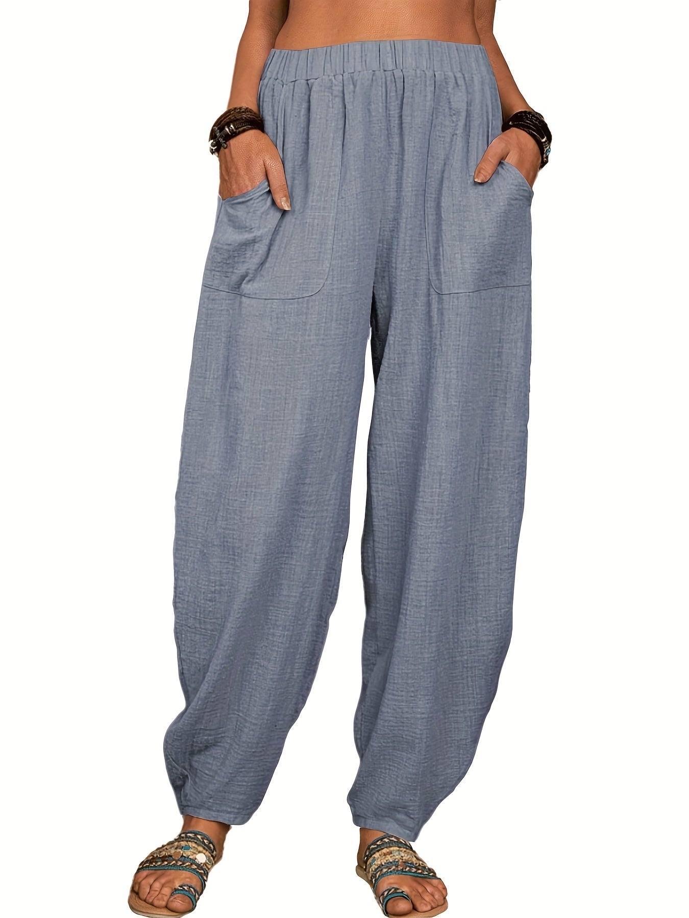 Baggy Pants With Pockets Elastic Waist Women's Clothing