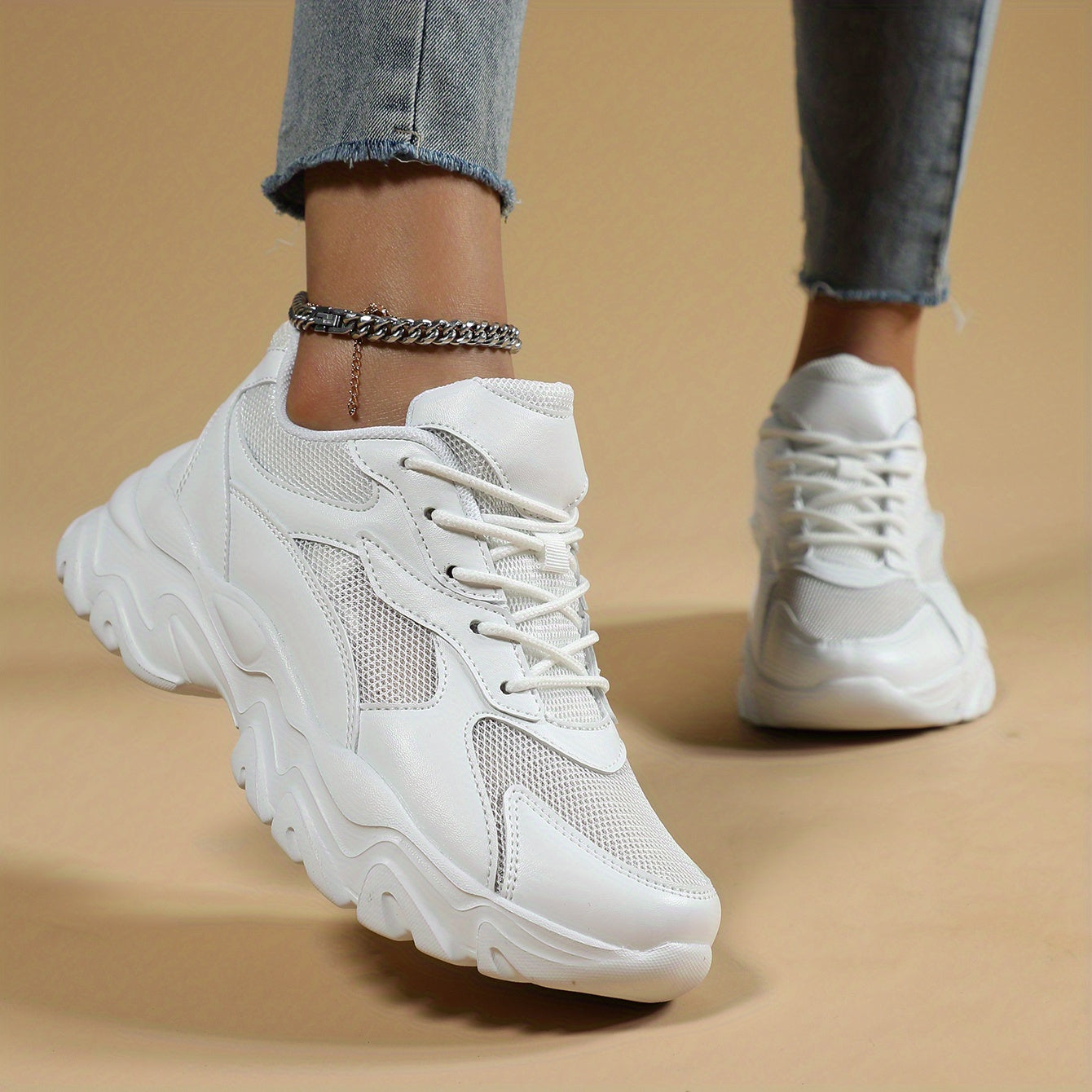Women's Breathable Mesh Chunky Sneakers Casual Lace Up Outdoor Shoes