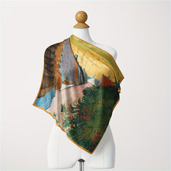 Boho Village Print Square Scarf Oil Painting Neckerchief Bandana Head Wrap