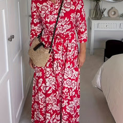 Women's Plus Floral Print Button Up Maxi Shirt Dress
