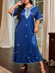 Floral Print Ruffle Lace Trim Lounge Dress Plus Size