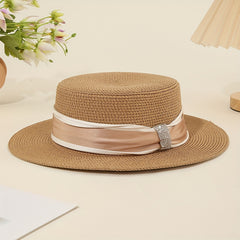 Khaki Sun Hats Satin Wide Strap Decor Flat Top Jazz Straw Hat