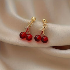 Cherry Pendant Zircon Stud Earrings for Girls