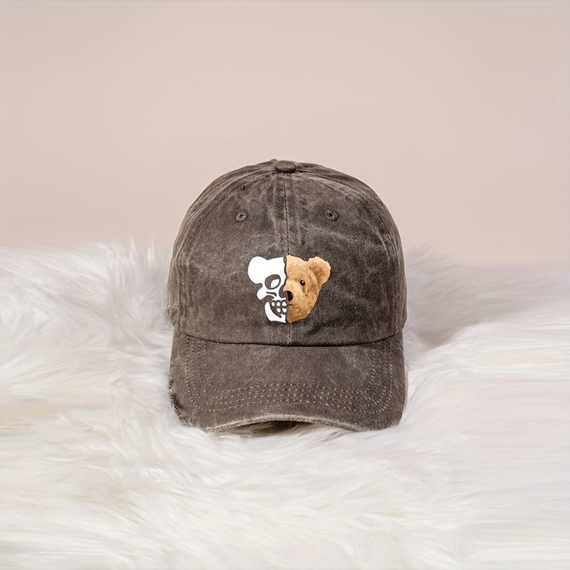 Skull Bear Print Baseball Cap Washed Distressed Cotton Sports Hat