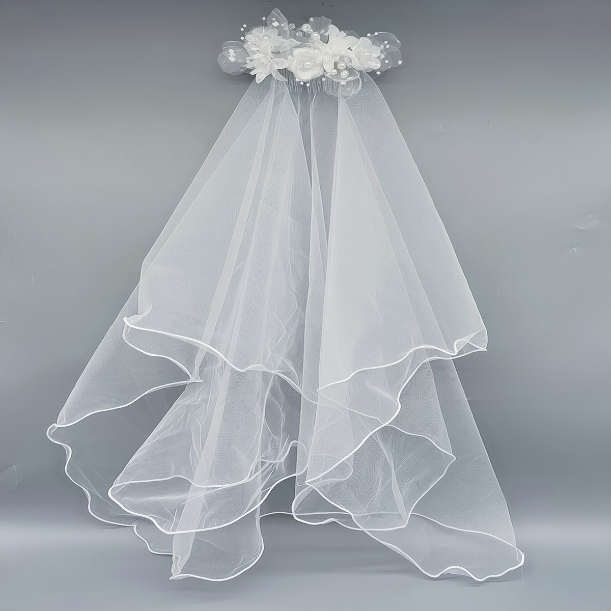 Double Layer Bridal Veil with Faux Pearls and Comb