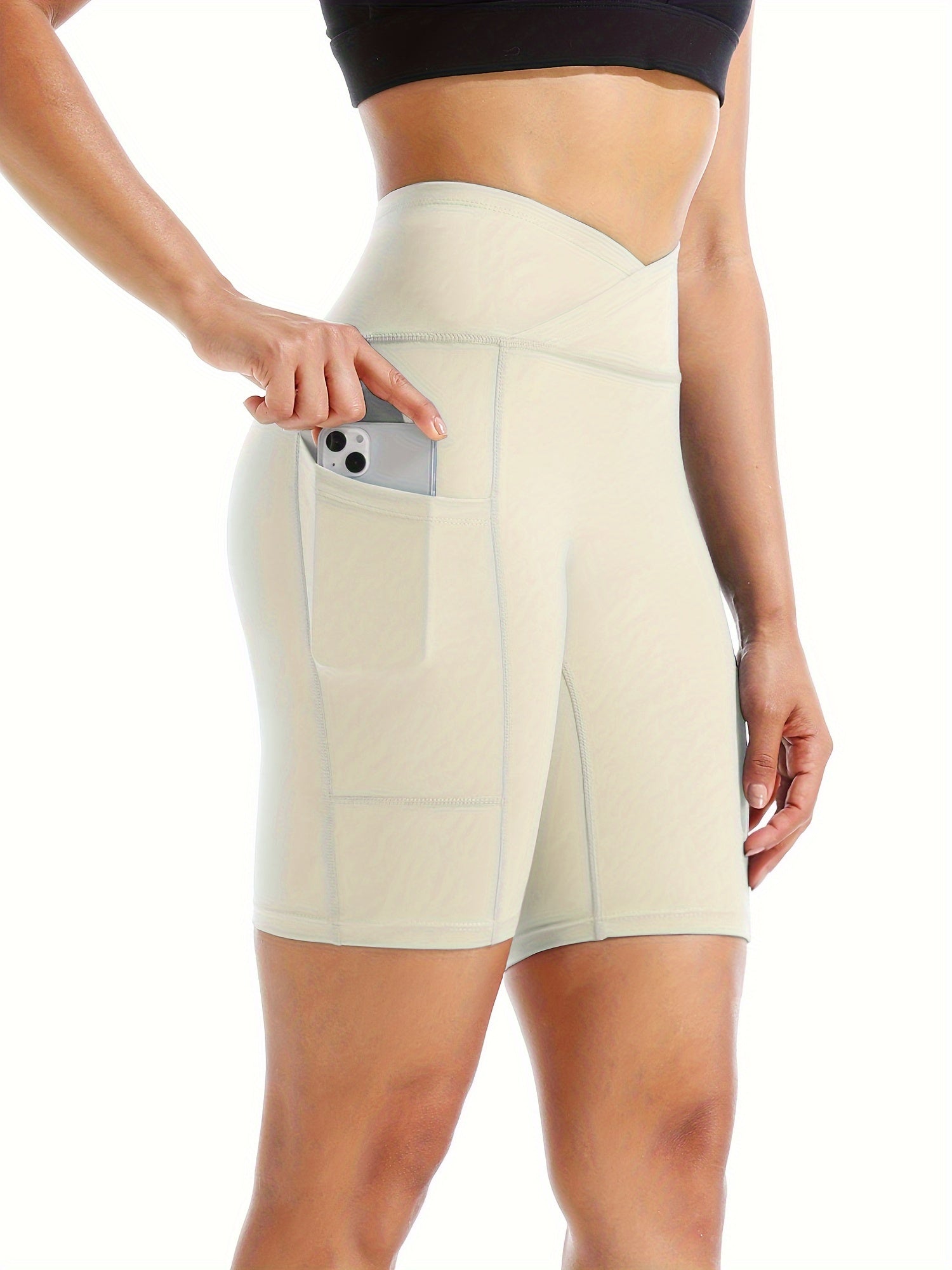 Cross Waist Pocket Sports Shorts For Women High Waisted Yoga Shorts Workout