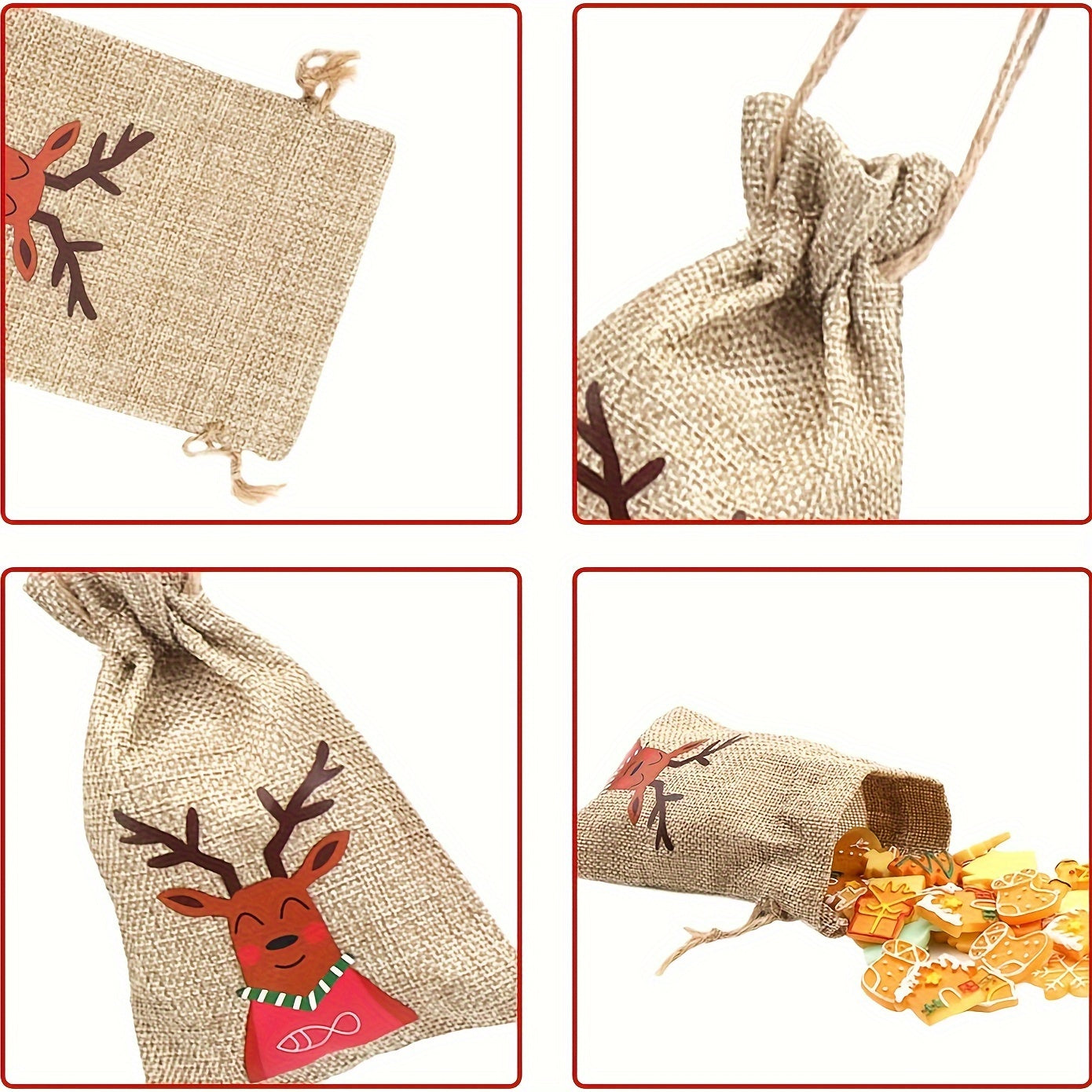 6pcs Xmas Jute Linen Drawstring Gift Bags for Favors Navidad