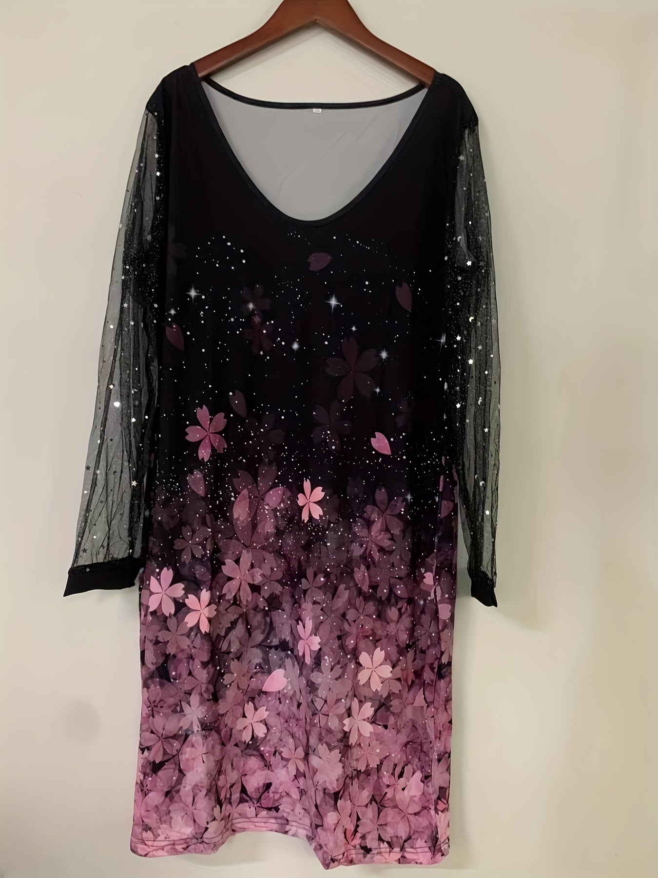 Floral Print Mesh Sleeve V Neck Dress