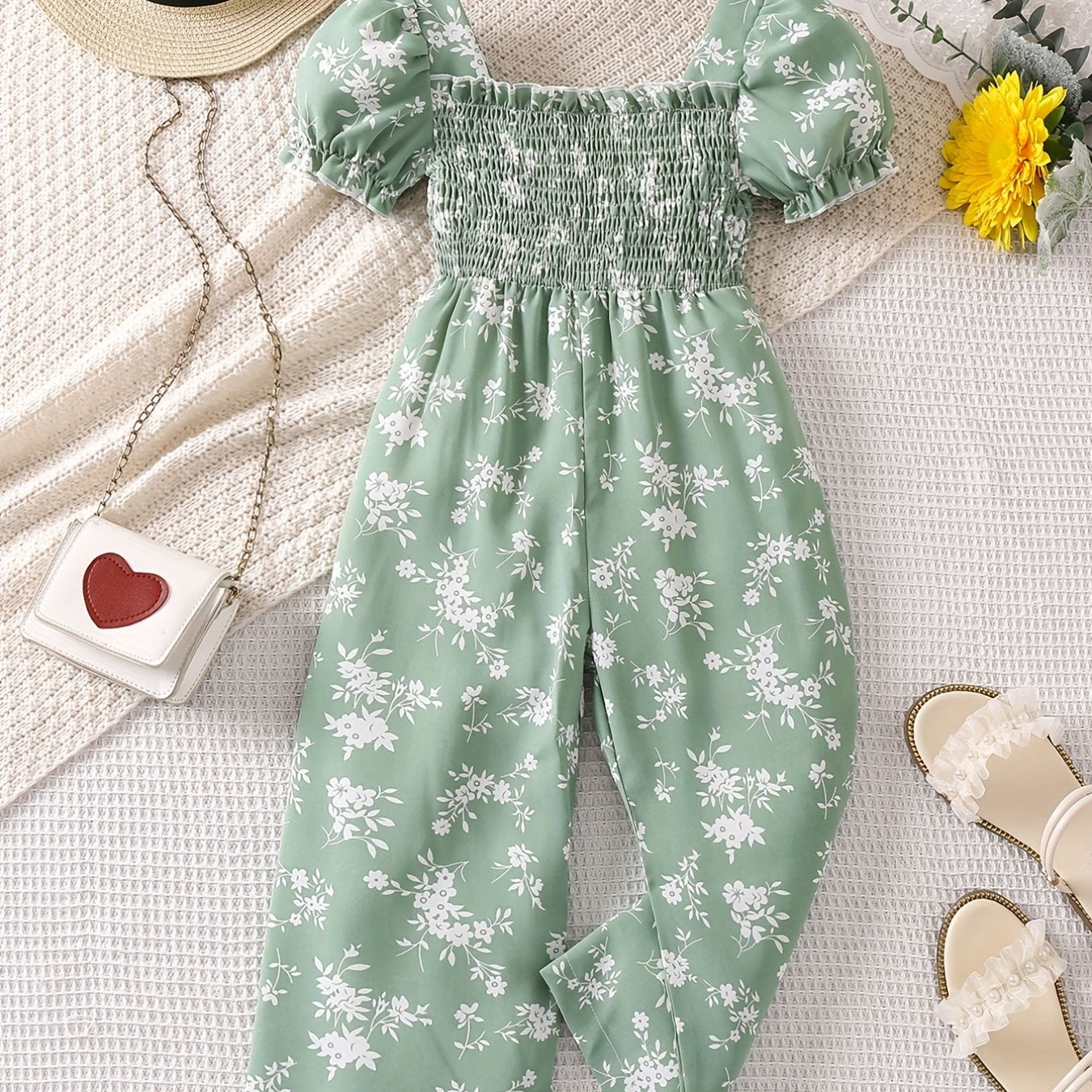 Toddler Girls Puff Sleeve Flower Graphic Rompers Jumpsuits for Beach Vacation