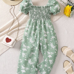 Toddler Girls Puff Sleeve Flower Graphic Rompers Jumpsuits for Beach Vacation