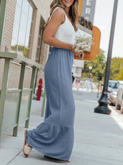 Solid Ruffle Trim High Rise Wide Leg Pants