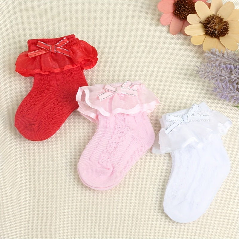 3 Pairs Baby Girl Lace Socks Silver Edge 0-6 Months