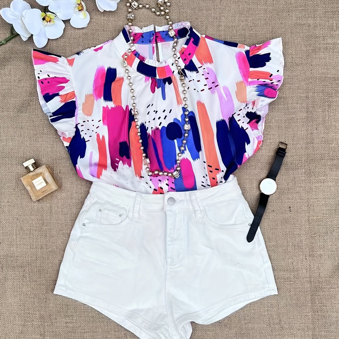 Casual Blouse Women's Plus Random Print Ruffle Sleeve