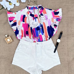 Casual Blouse Women's Plus Random Print Ruffle Sleeve