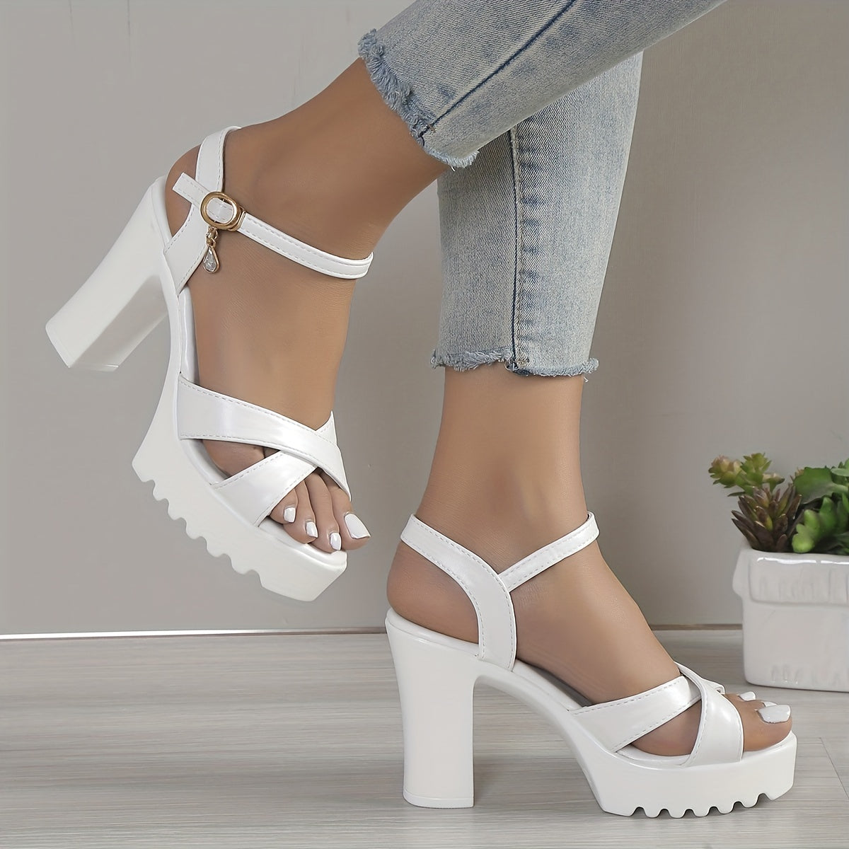 Women's Block Heel Sandals Ankle Buckle Strap Summer Cross Strap Heels