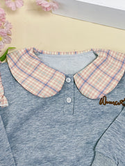 Embroidered Plaid Collar Crew Neck Sweatshirt for Girls