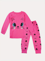 Girls Cat Print Pajama Set Long Sleeve Round Neck Pullover Comfy Homewear