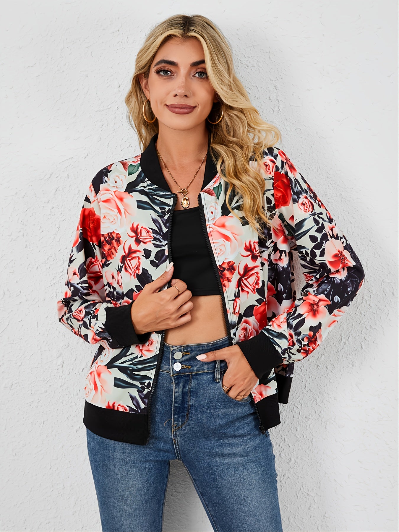 Vintage Floral Print Zipper Jacket Casual Long Sleeve Loose Outerwear