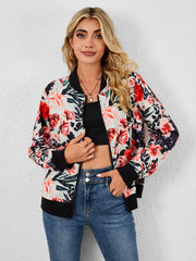 Vintage Floral Print Zipper Jacket Casual Long Sleeve Loose Outerwear
