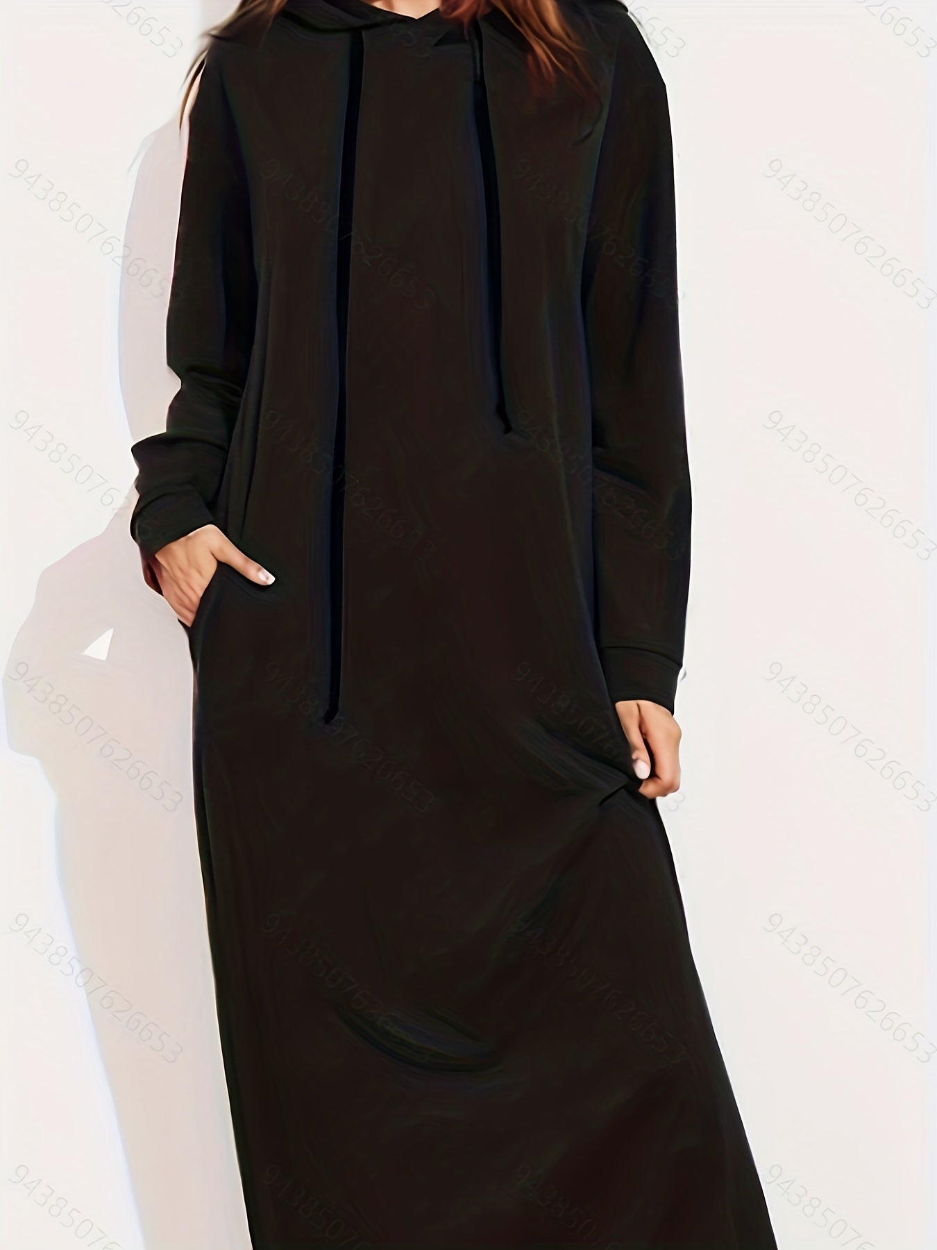 Solid Long Sleeve Drawstring Hooded Maxi Dress with Pockets