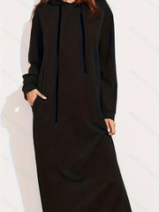 Solid Long Sleeve Drawstring Hooded Maxi Dress with Pockets