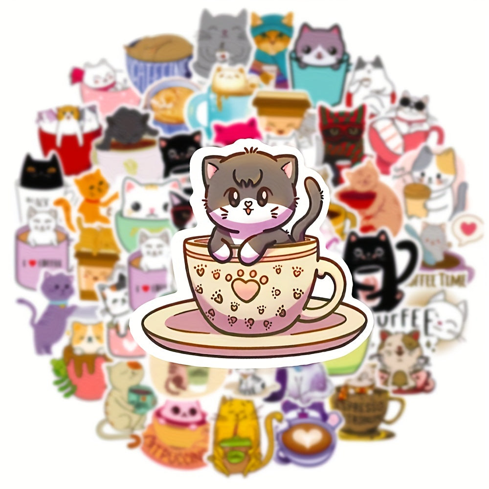50pcs Cat Coffee Series Doodle Stickers Waterproof DIY Decorative Stick