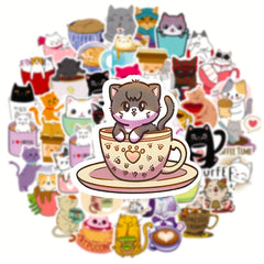 50pcs Cat Coffee Series Doodle Stickers Waterproof DIY Decorative Stick