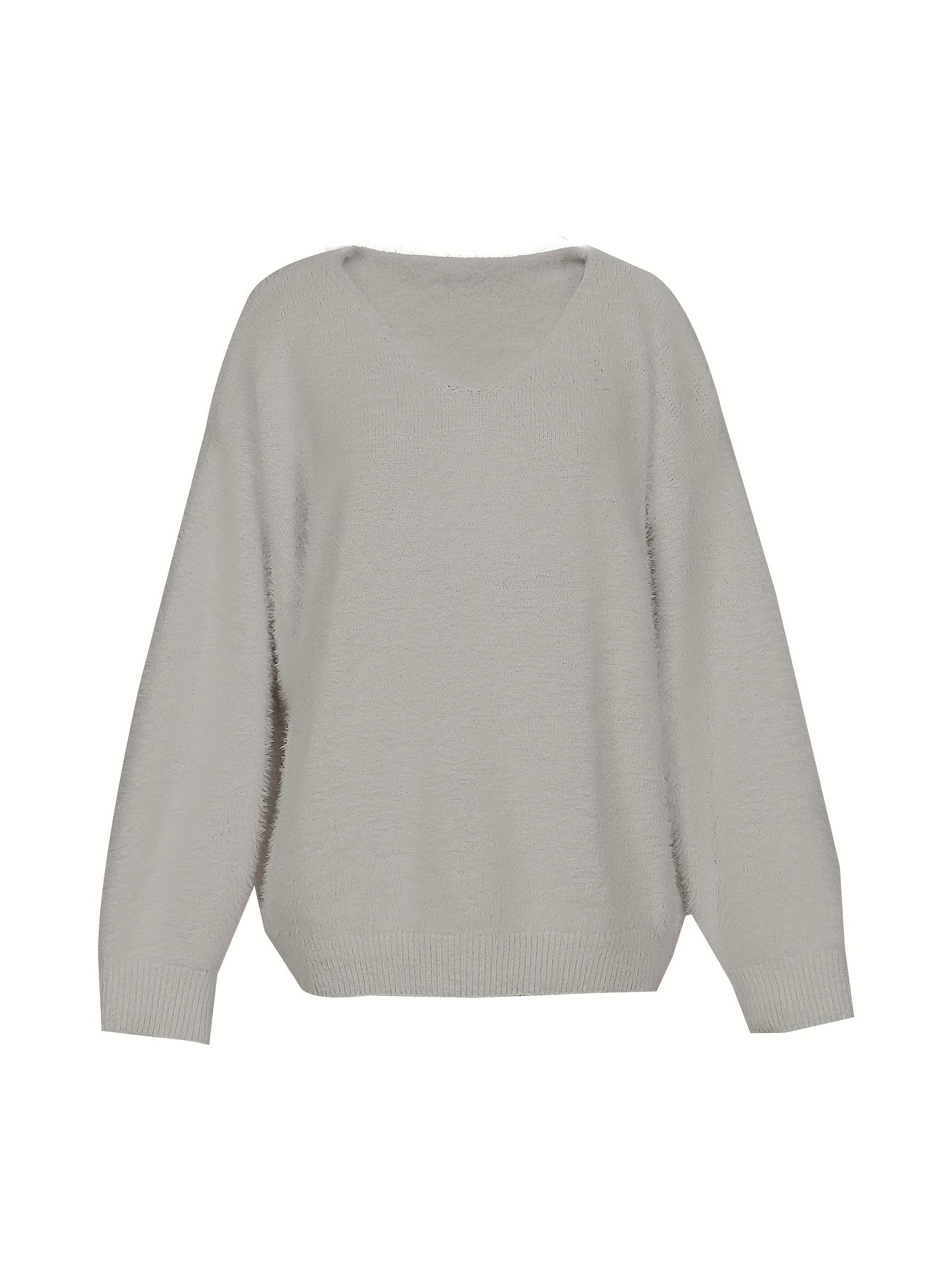 Solid Eyelash Long Sleeve V Neck Sweater