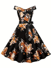 Vintage Floral V Neck Dress Pleated Party Dress Women's Clothing