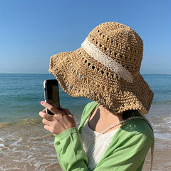 Hollow Crochet Bucket Hat Lace Ribbon Tie Wide Brim Straw Sun Hat