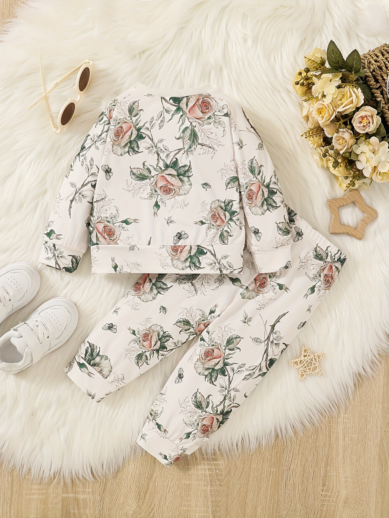 Baby Girl Boho Rose Flower Print Ruffle Top Pants Set